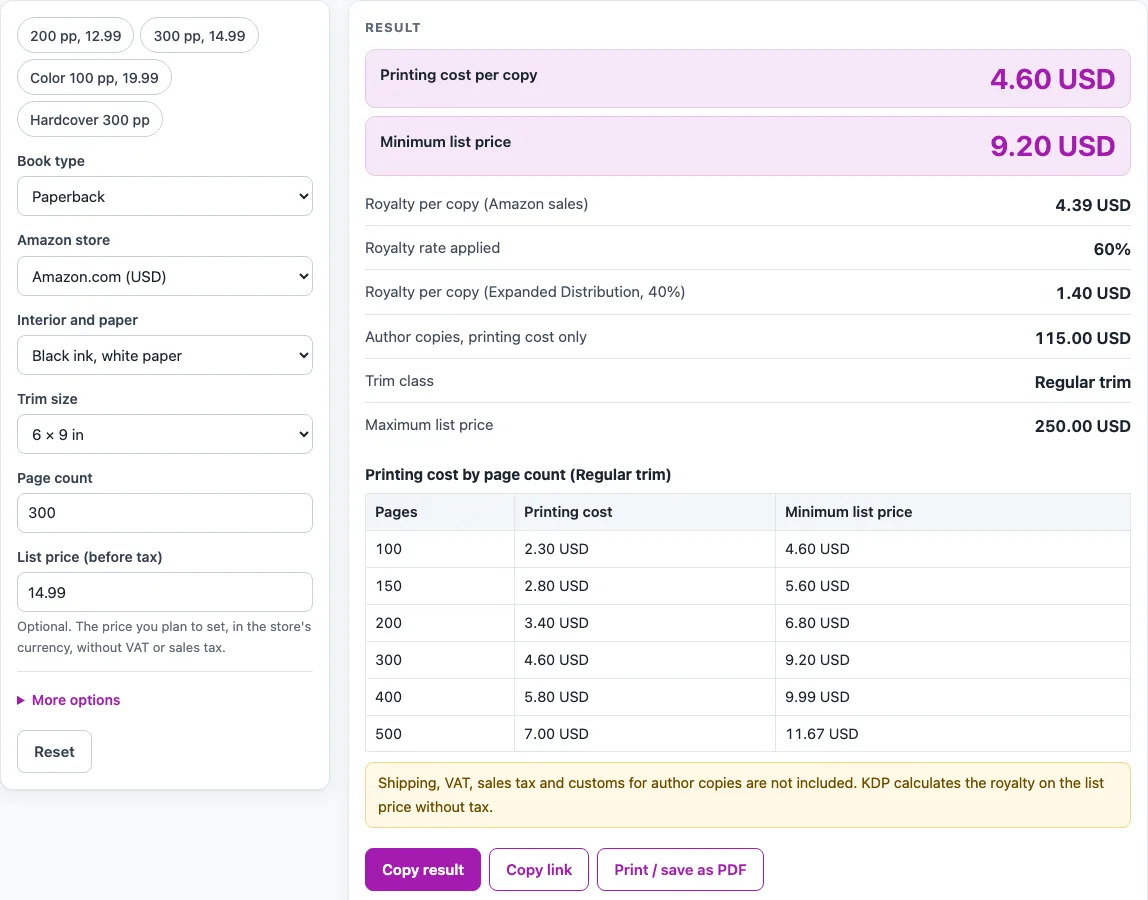 Kdp print cost calculator example
