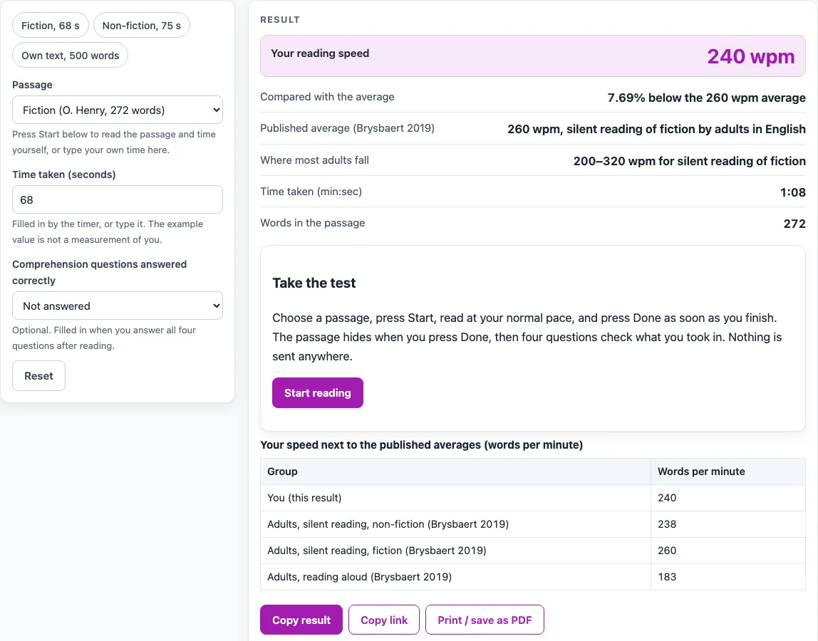 Reading speed test example
